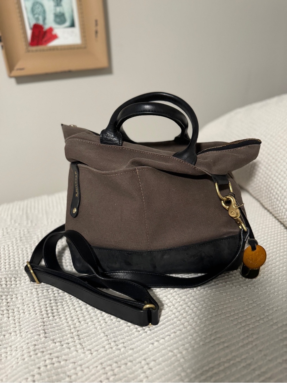 R. Riveter Grey/Brown Canvas Crossbody Bag with Black Leather Trim & Brass - Picture 2 of 5